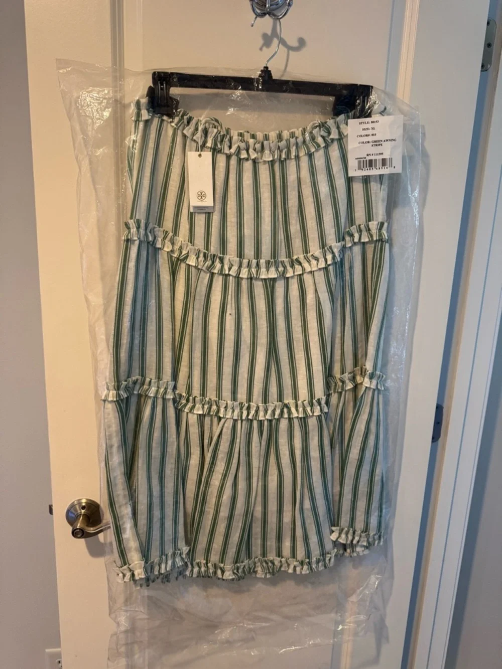 NWT Tory Burch Green & White Awning Striped Tiered Skirt | XL